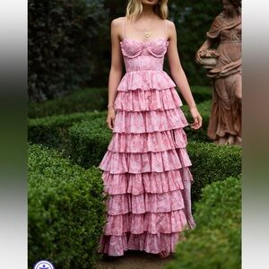 V. Chapman Josephine Floral Ruffle Tiered Dress in Pink Peony